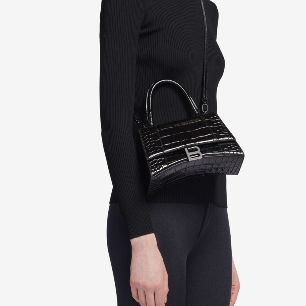 Black Small Balenciaga Hourglass Croc Bag Handbag
